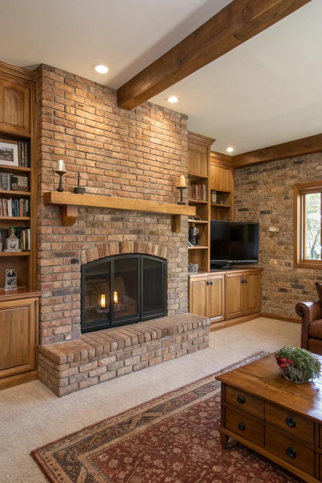 A living room showcasing a brick fireplace with organic wood features.
