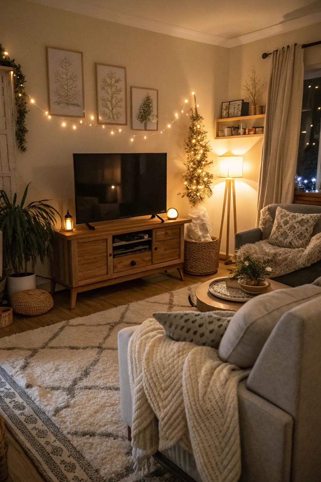 Ambient lighting elevates the welcoming atmosphere of this living room.