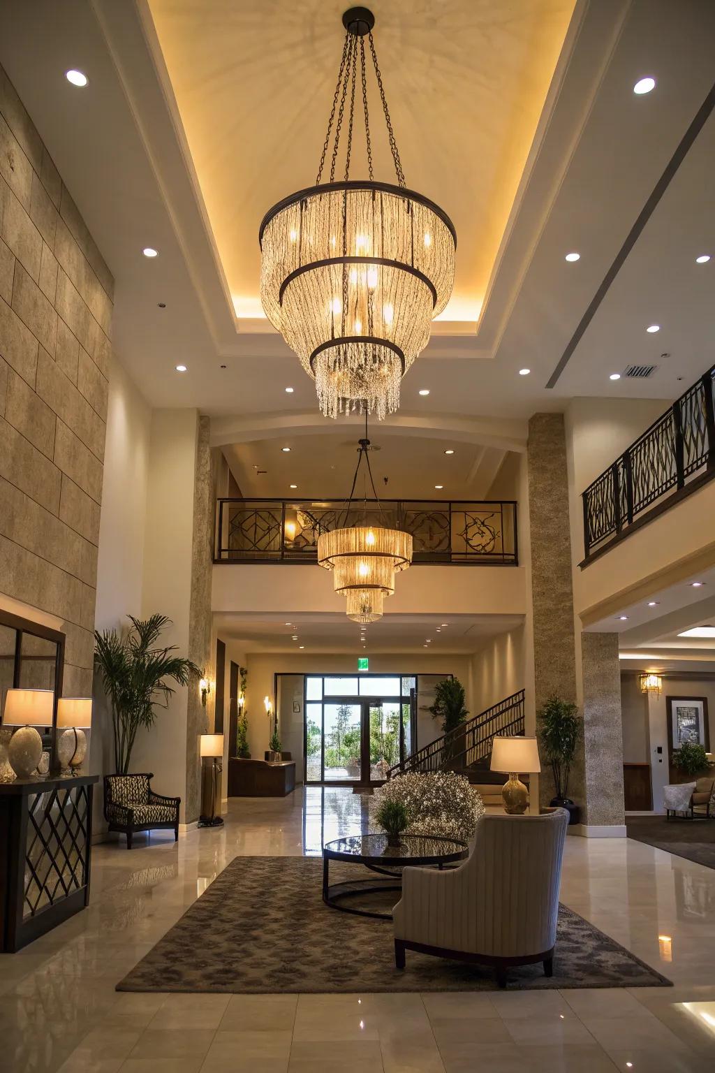An entryway brightened with a designer chandelier