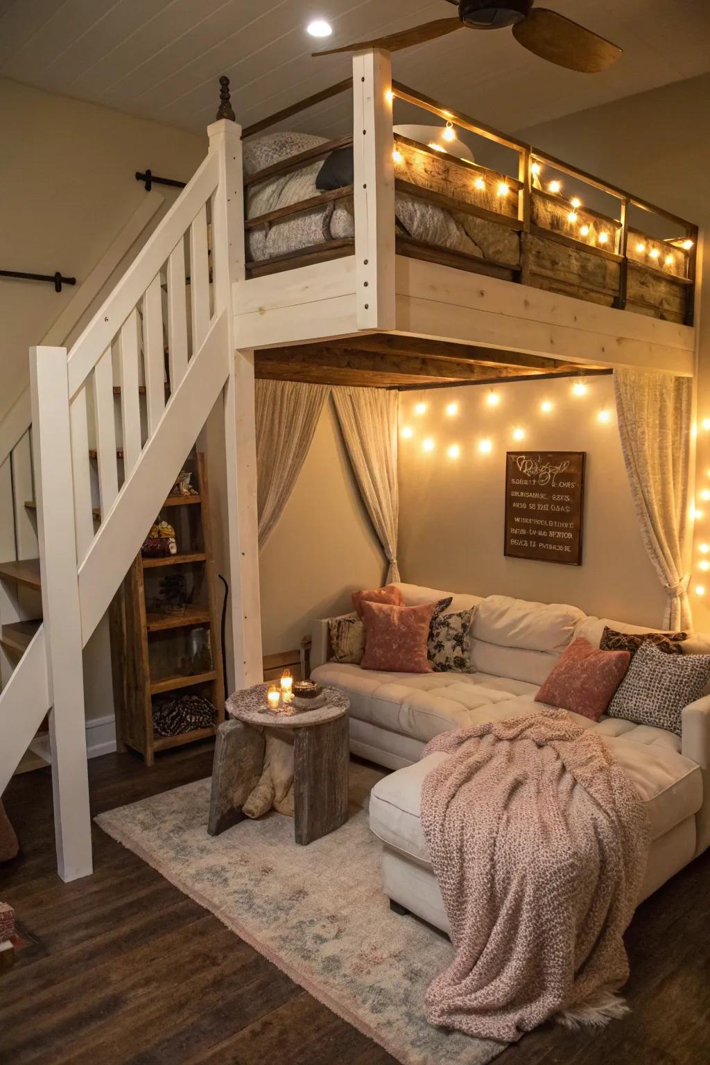 Establish a cozy haven beneath your loft bed for ultimate comfort.