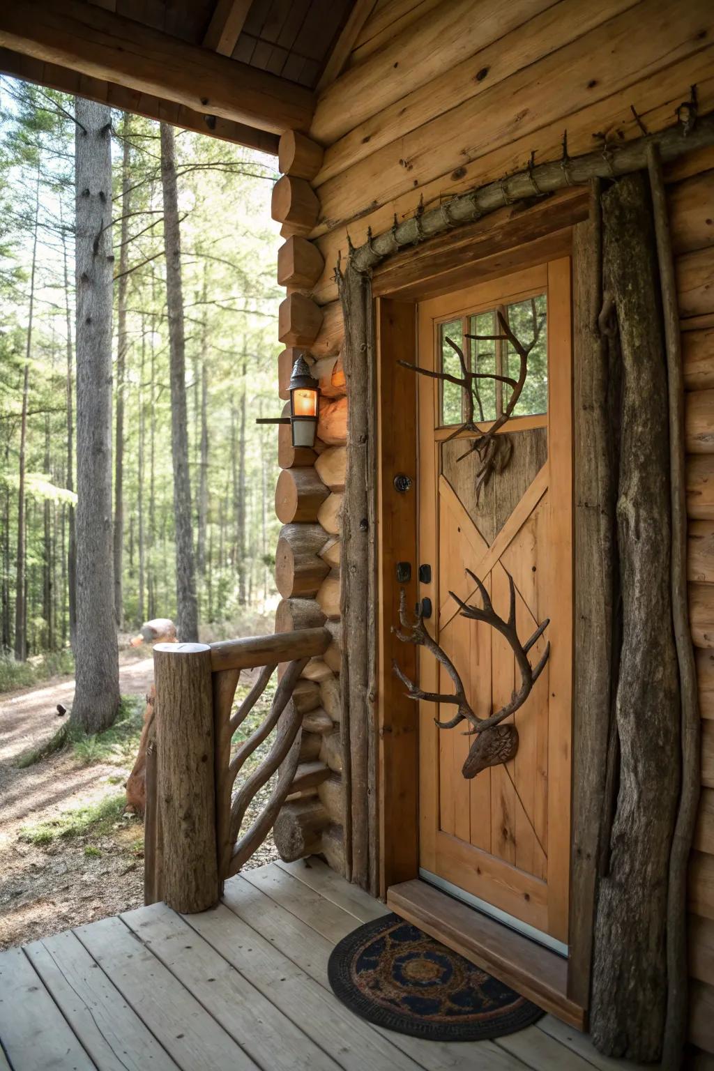 A cabin door with stag horns and branches as part of the layout.