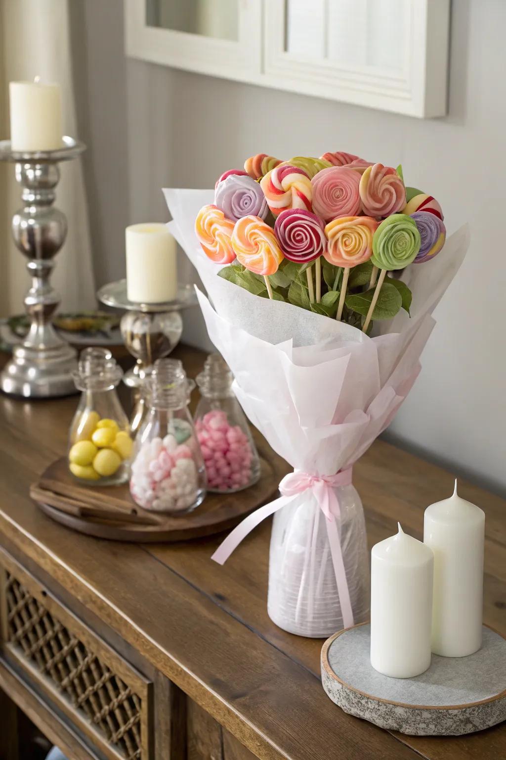 Sophisticated candy bouquet wrapped in delicate paper