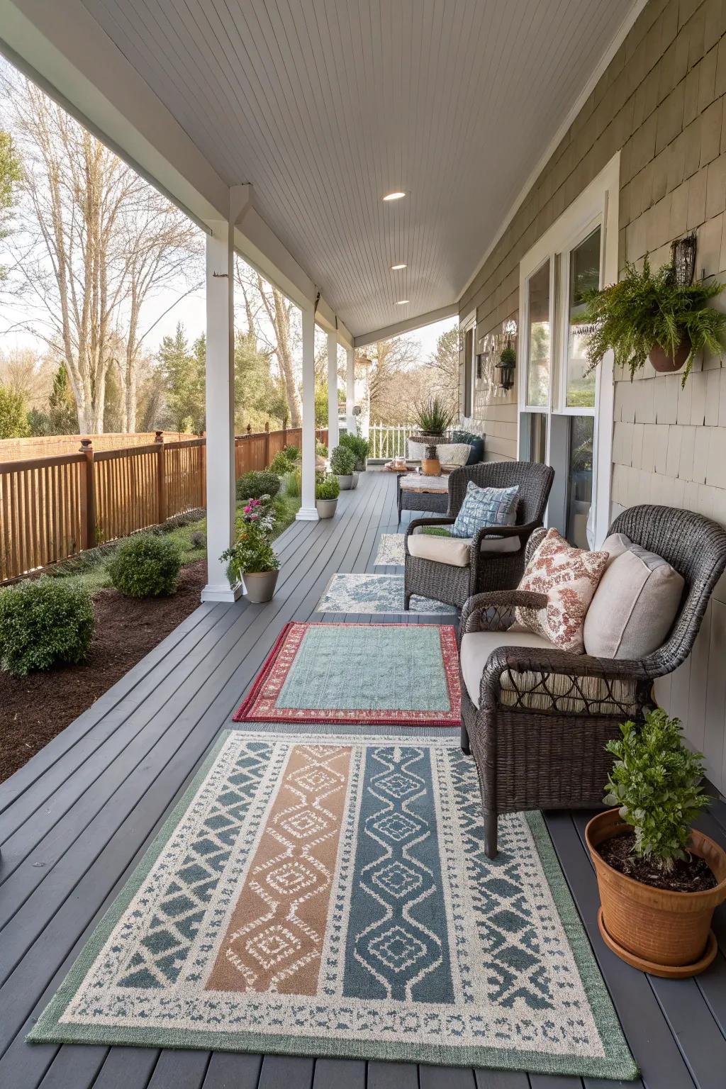 Outdoor rugs help define spaces and add warmth to a long porch.