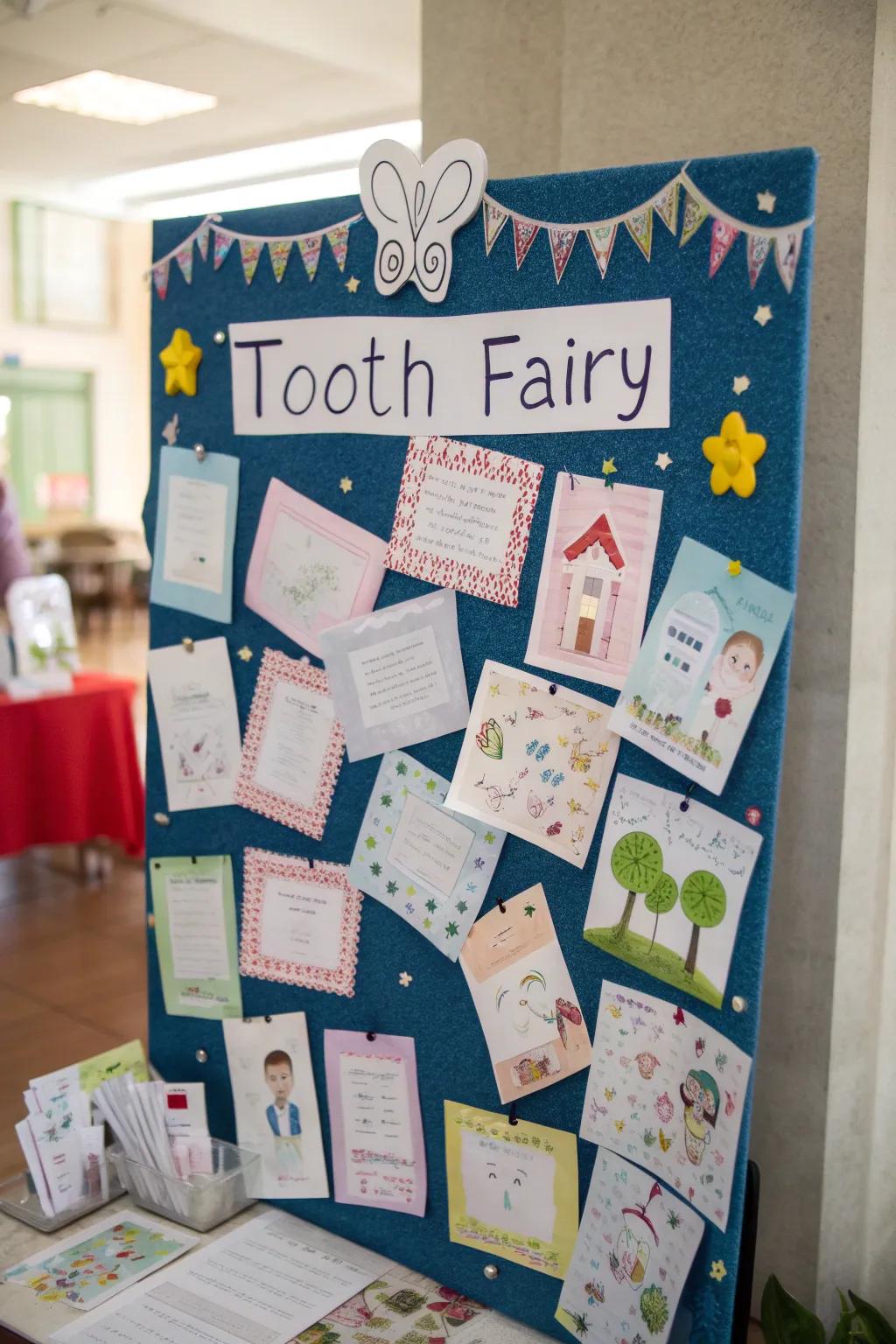 A charming bulletin board showing postcards addressed to the Tooth Fairy.