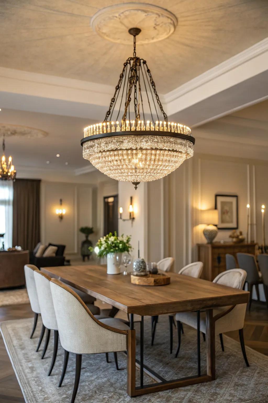 An elegant small chandelier graces a dining room.