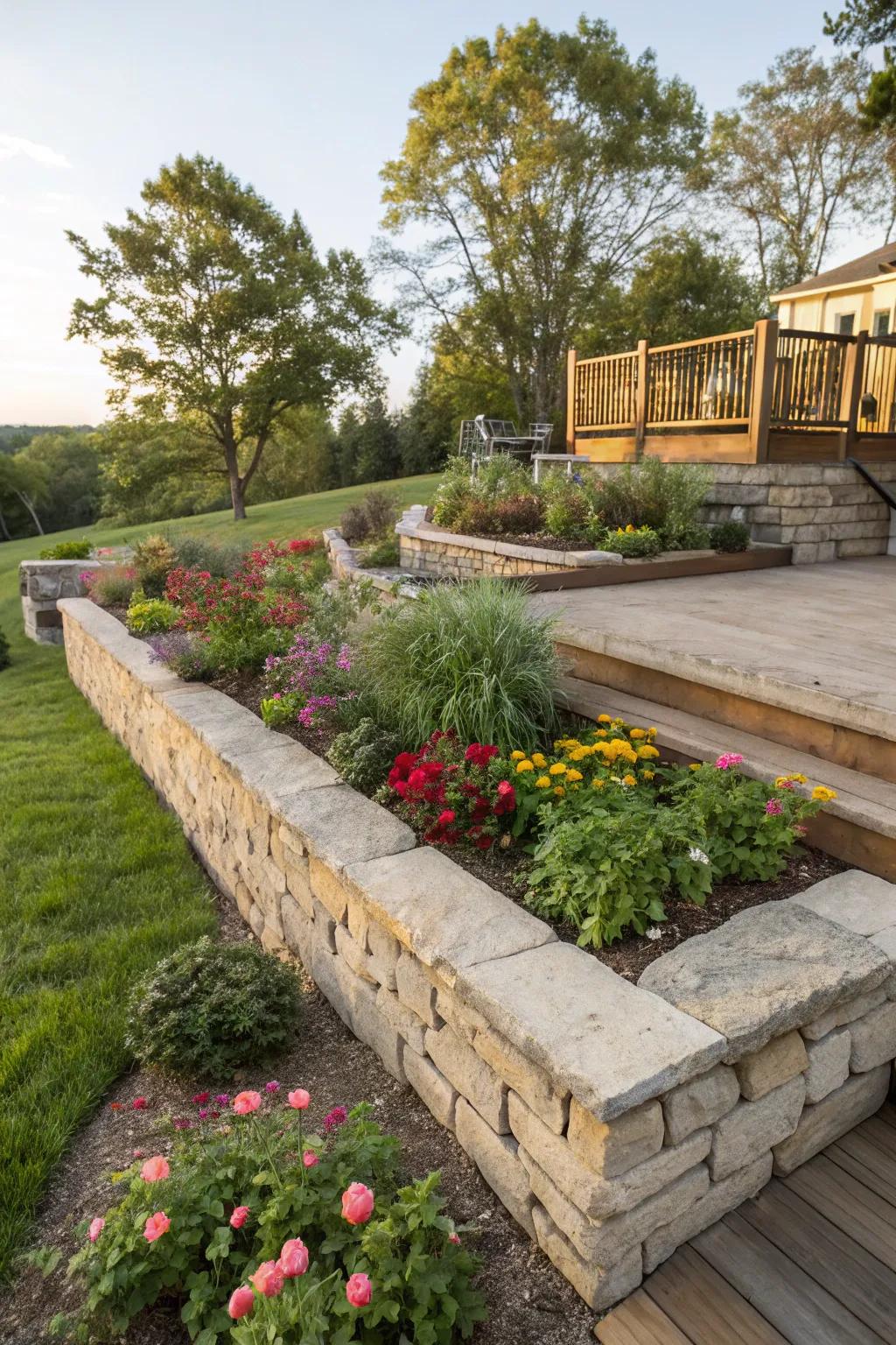 Garden beds featuring stone edging bordering an elevated deck.