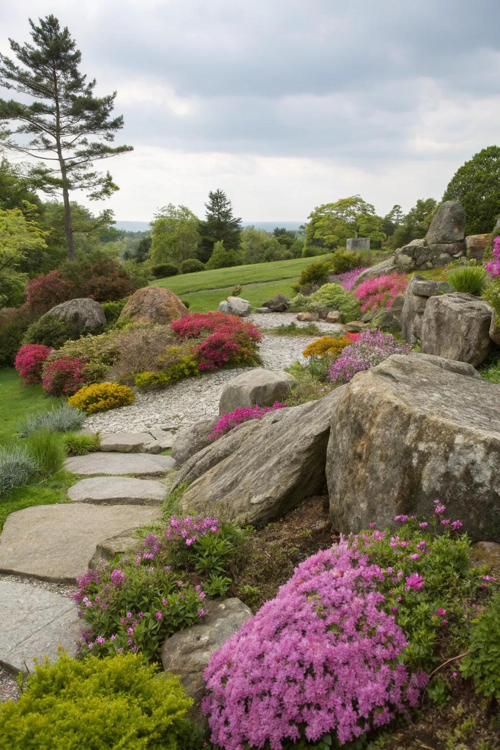 Organic rocks lending drama and beauty to a perennial garden.