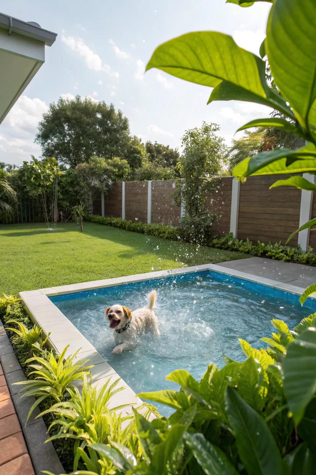 A fun-filled splash pool featured in a garden designed for pets.