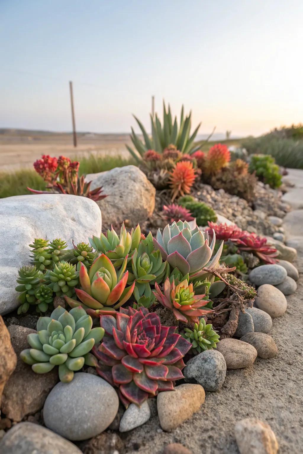 Cactuses set among stones to make a sustainable garden setting.