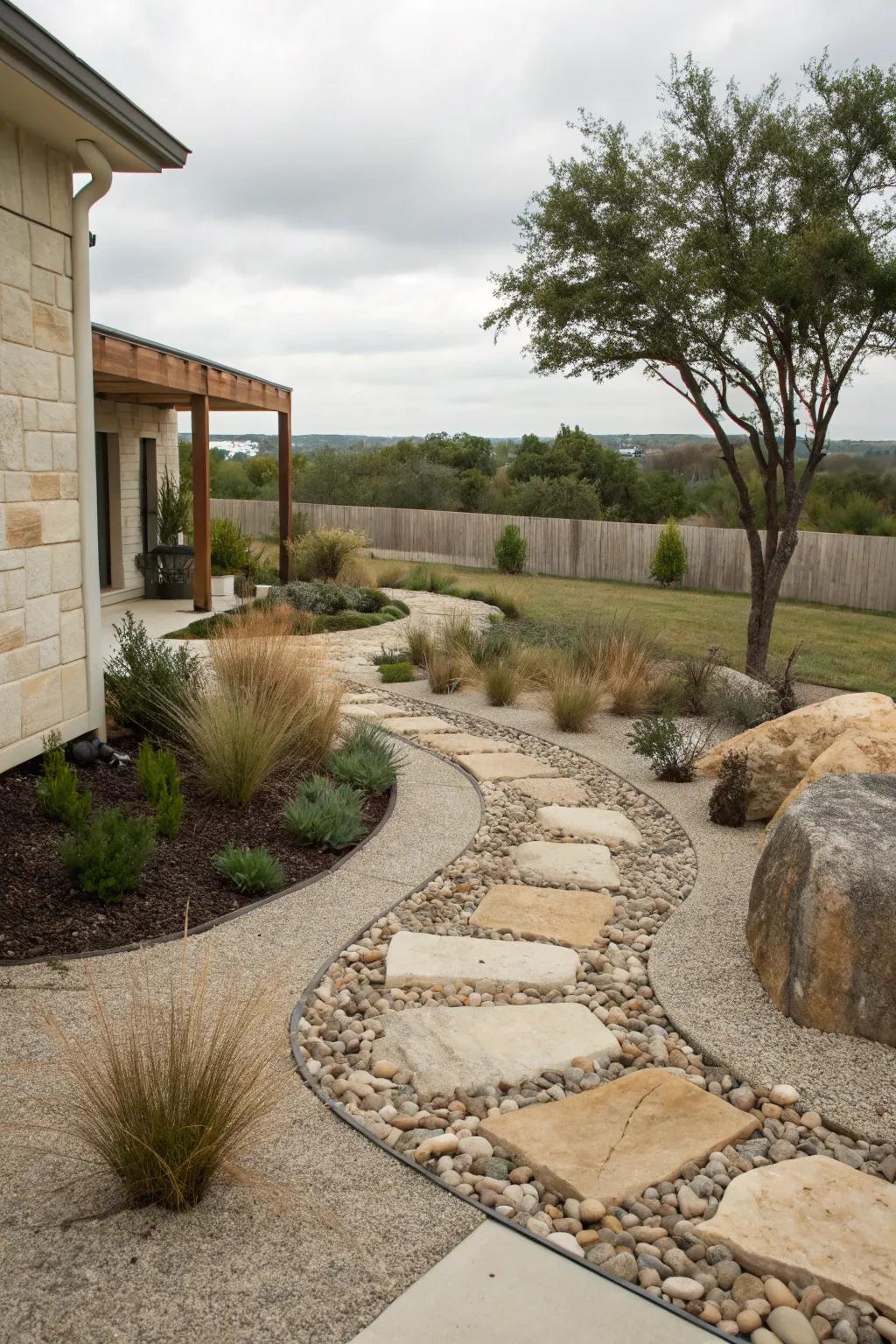 Gardens filled with stones and pebbles offer a modern substitute for typical lawns.
