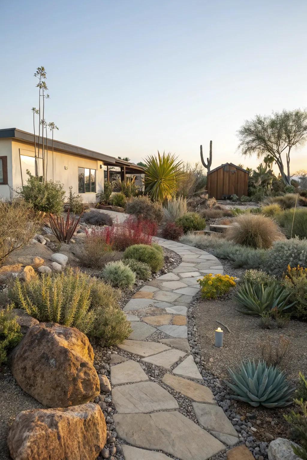 Stone pathways offer both functionality and aesthetic appeal in a xeriscape front yard.