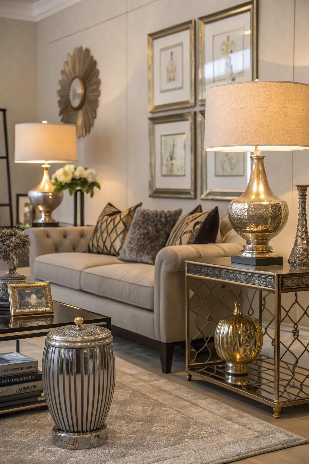 Shining metallic accents inject a sense of glamor to this living space.