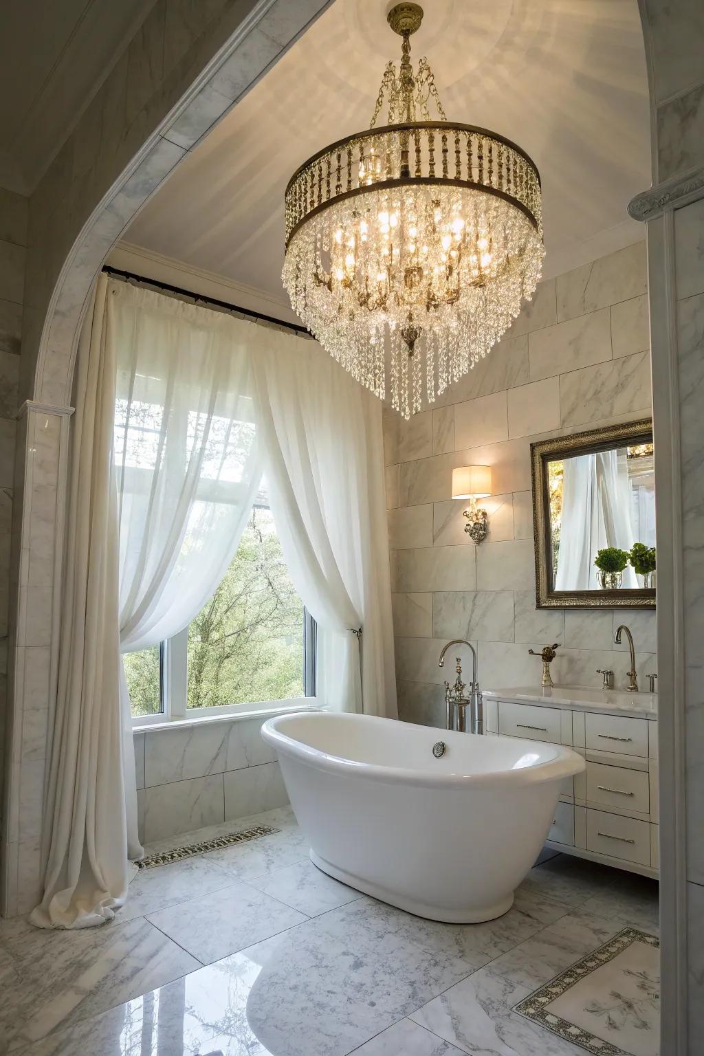 Hanging crystal lights adding class to a cutting-edge bathroom.