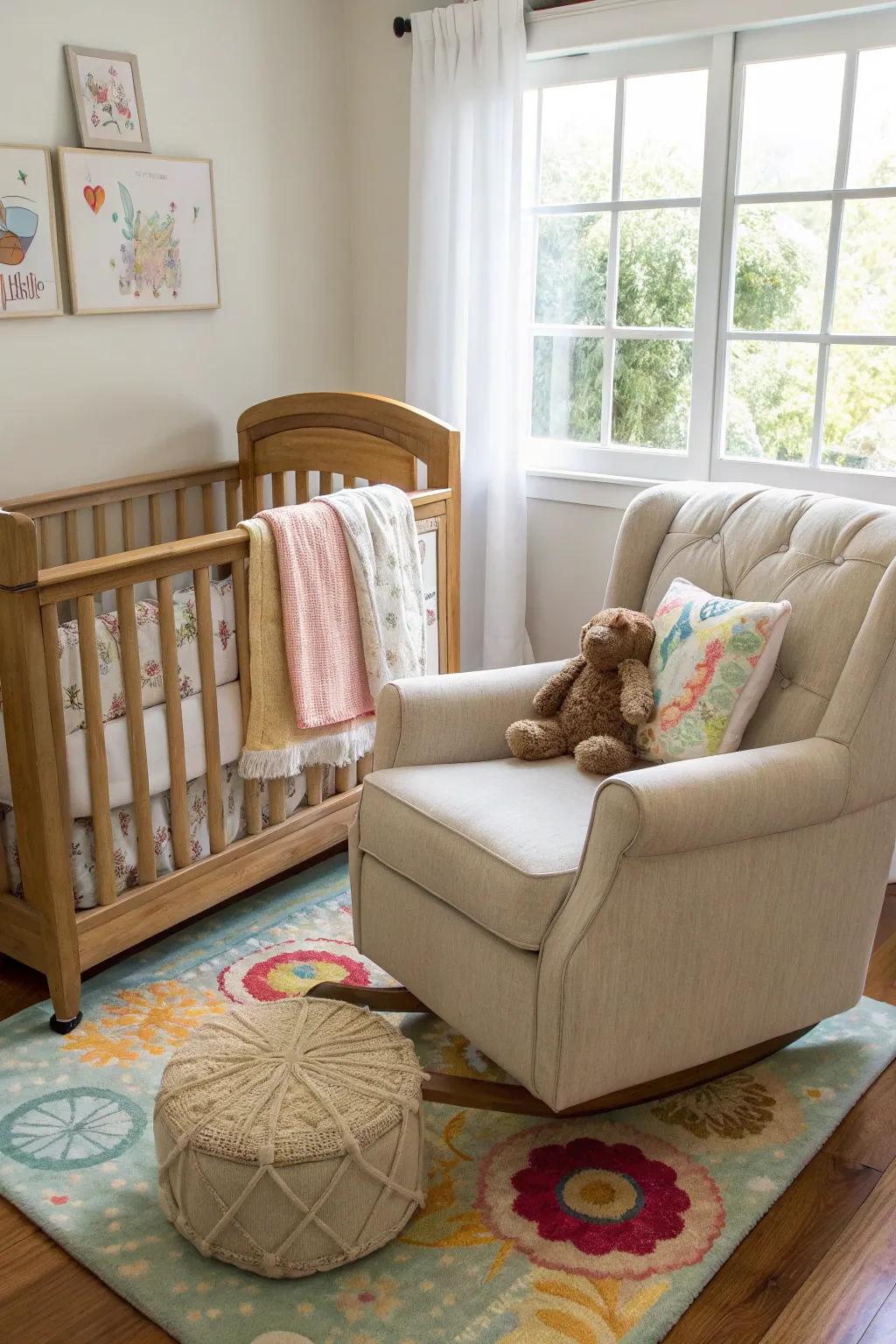 A chic nursery showcasing a refined wood baby bed and a comfy feeding chair.