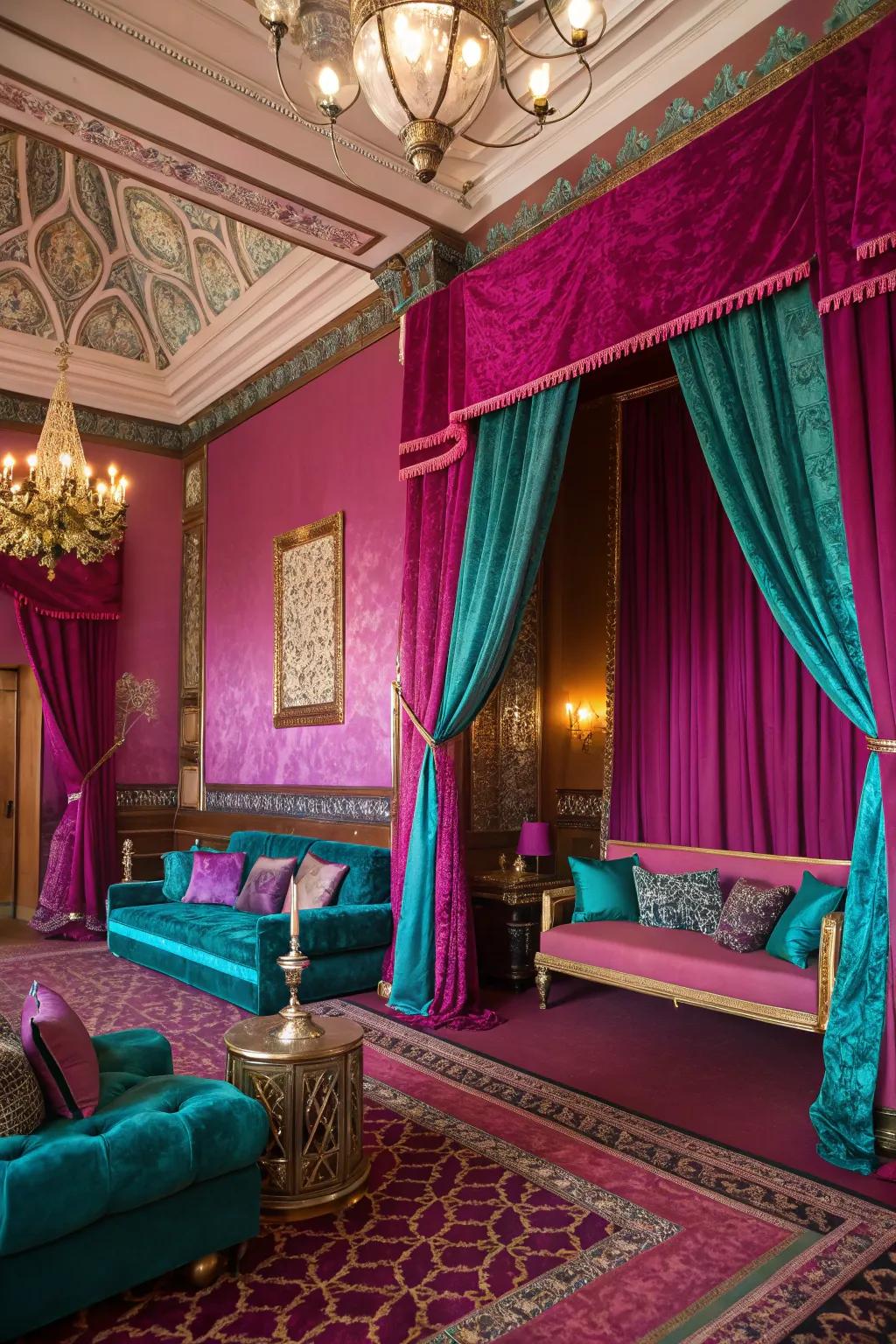 Magenta and jewel tones create a rich and luxurious atmosphere.