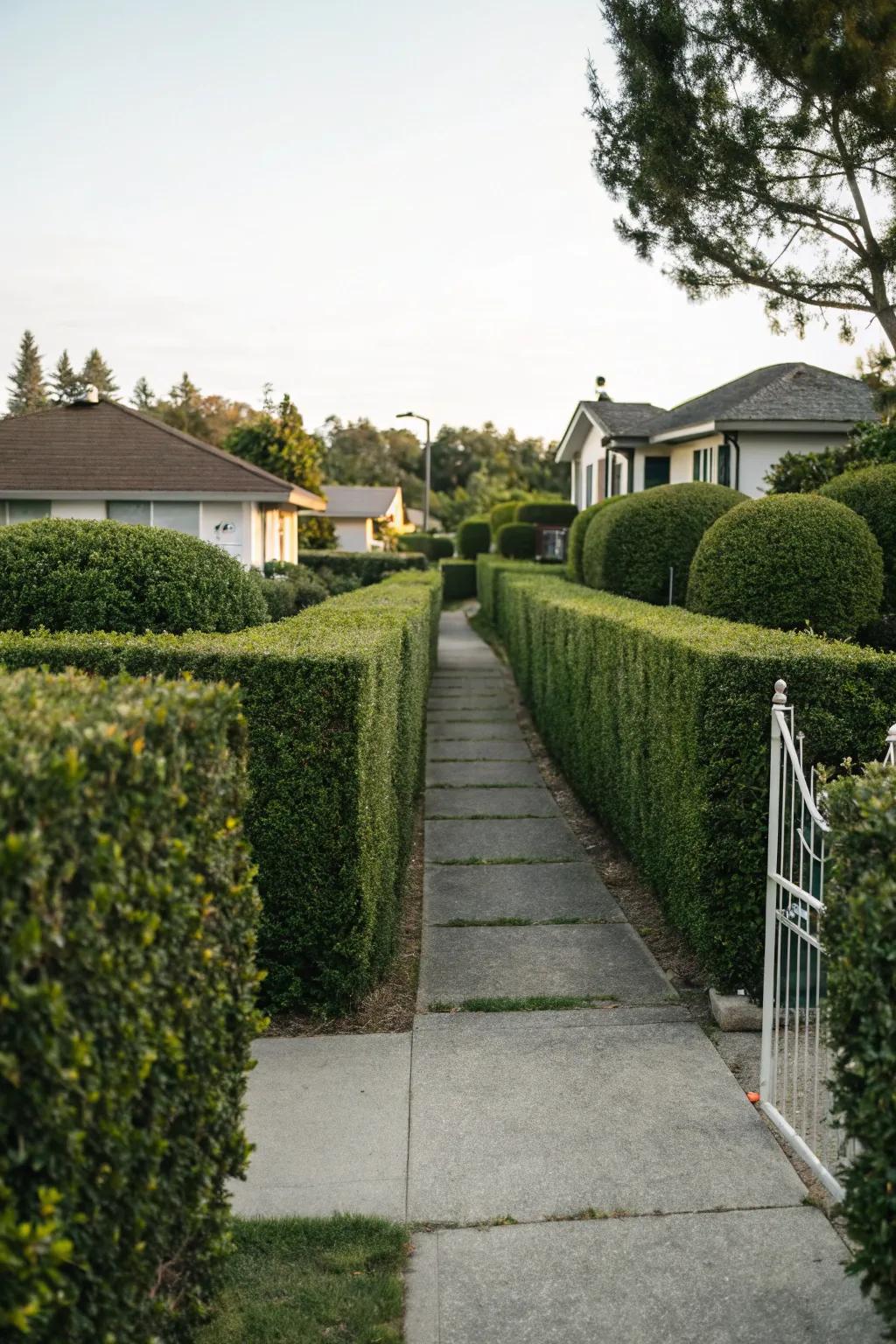 Precisely trimmed hedgerows leading to the entrance.