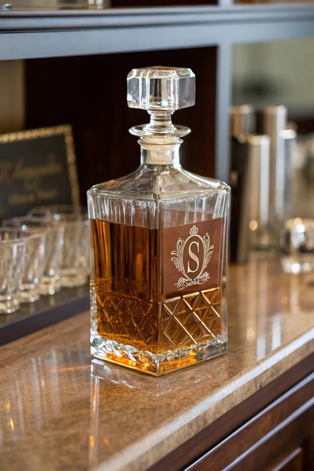 A personalized whiskey carafe adds a touch of sophistication.