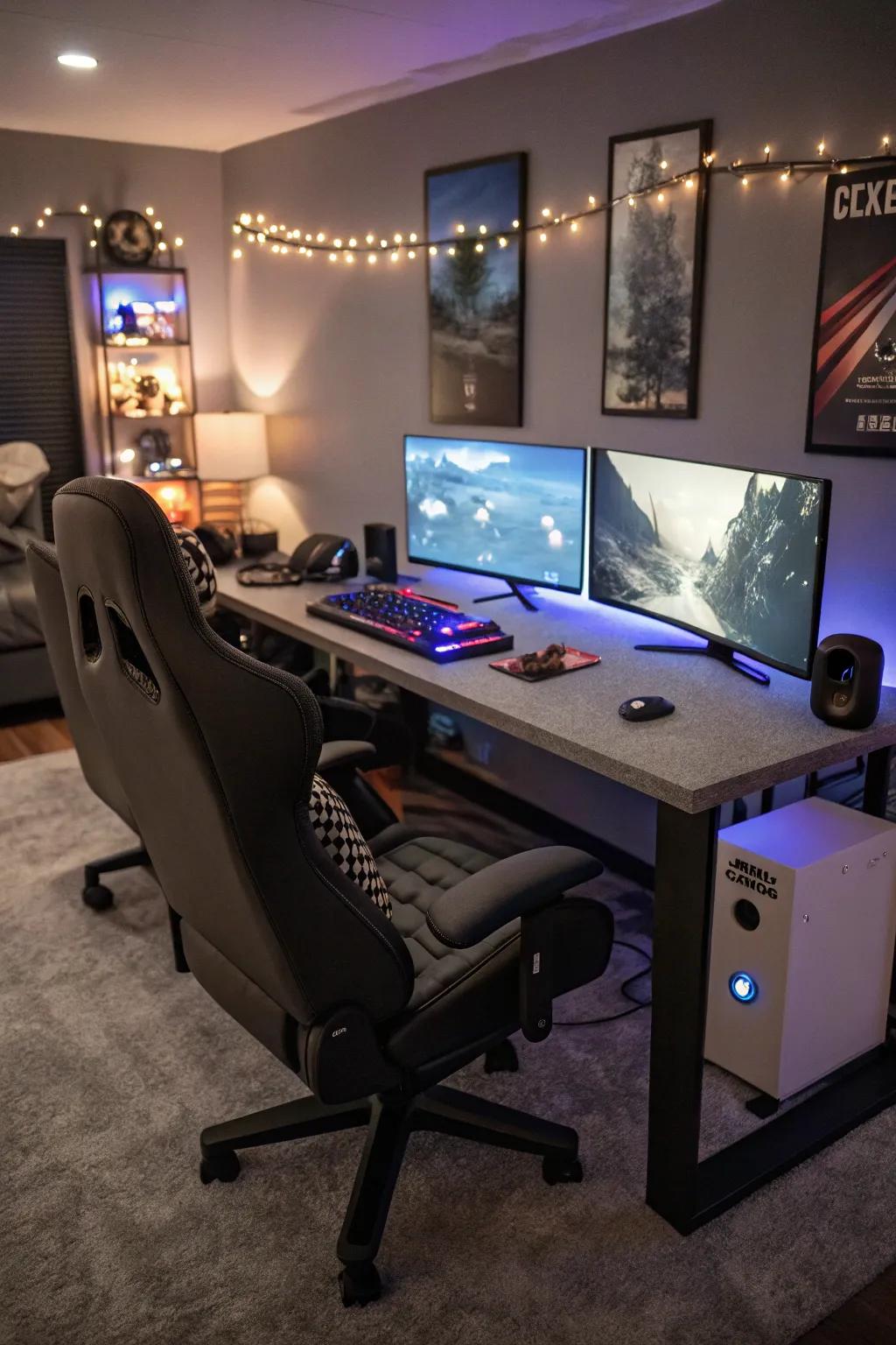 A gaming paradise with ergonomic seating and multiple screens.