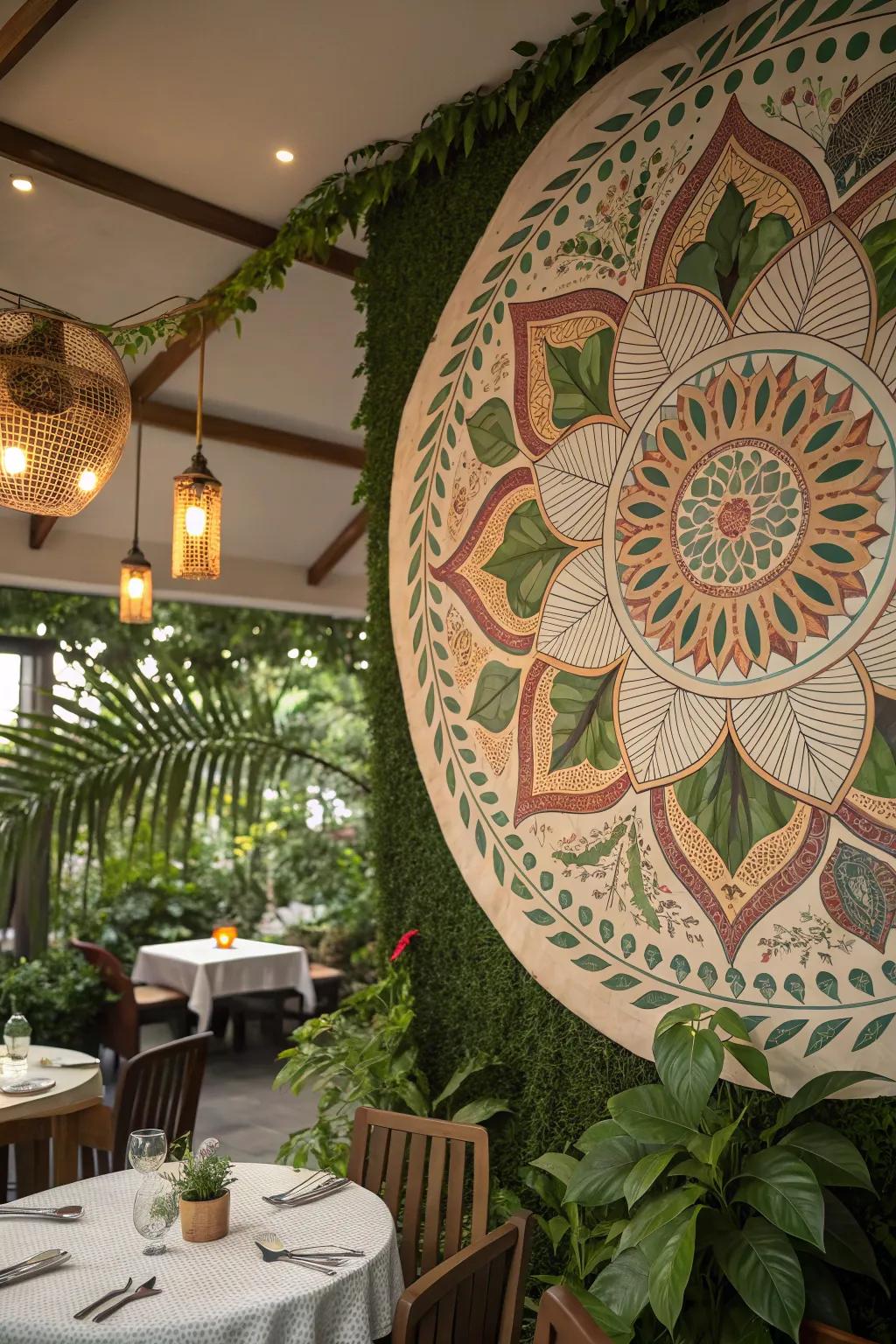 A sacred geometry design with foliage and leaf patterns upgrading a dining space.