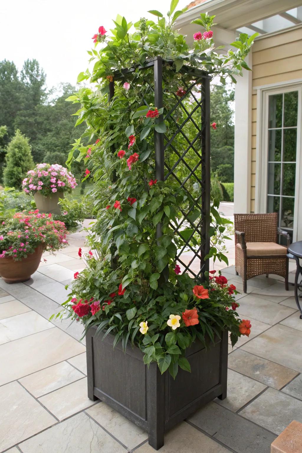 A container trellis brimming with mandevilla infuses color and appeal to any patio setting.