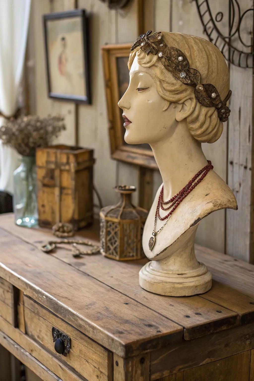 Vintage effects give mannequin head art a nostalgic appeal.