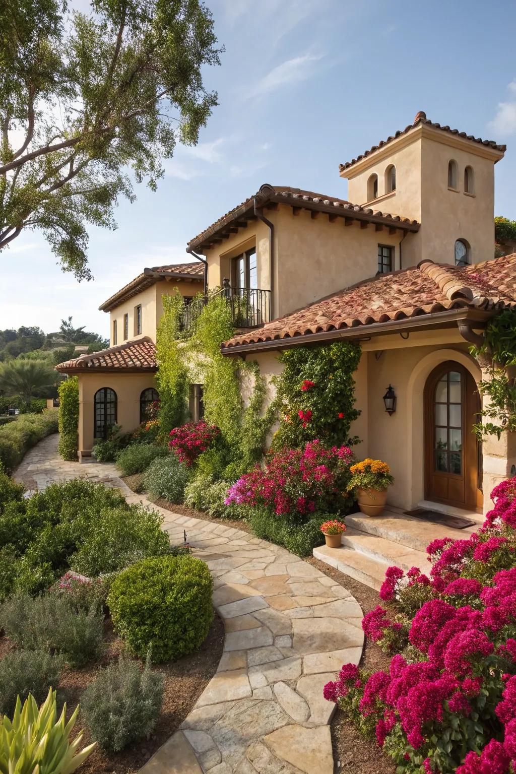 Barrel tiles add a Mediterranean flair to this mansard roof.