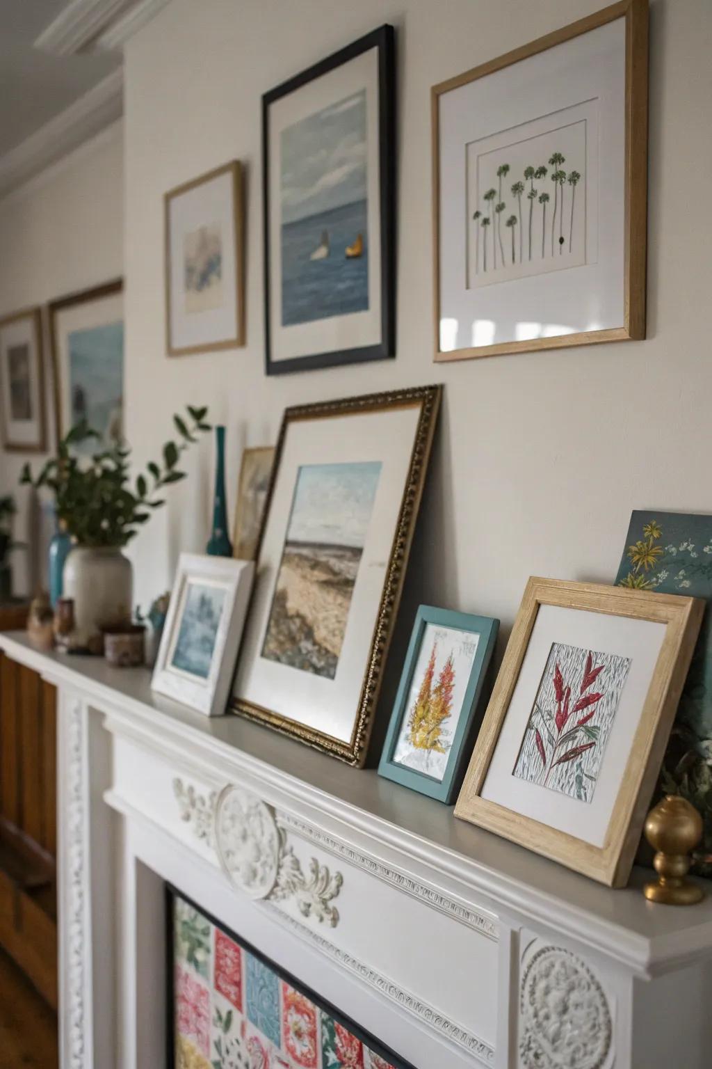 A collection of artwork introduces a personal and vibrant touch to this mantel.