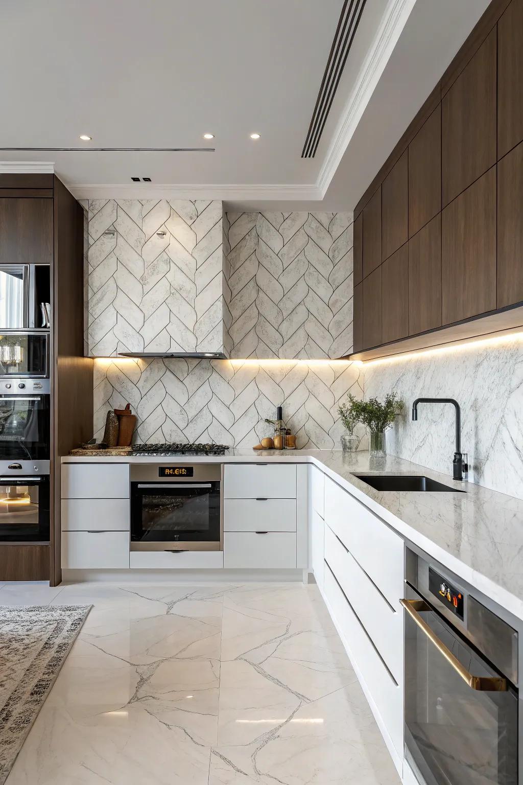 Elegant herringbone pattern marble backsplash in a modern kitchen setting.