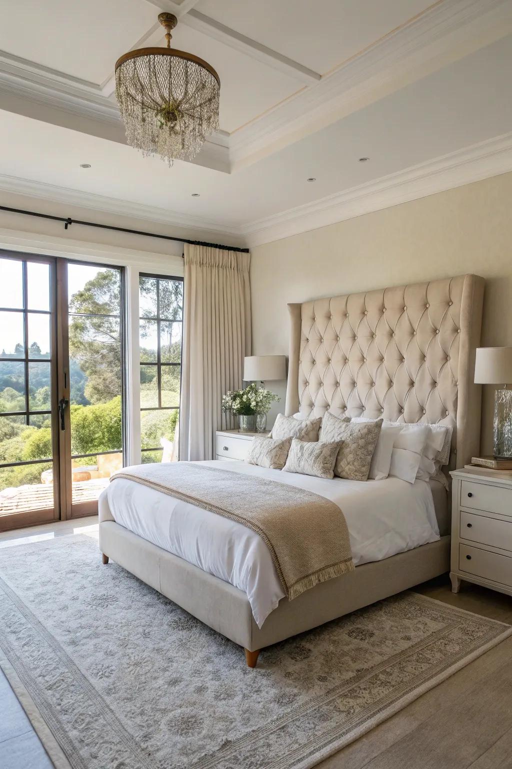 A noteworthy bed functions as the focal point of a carefully arranged area.