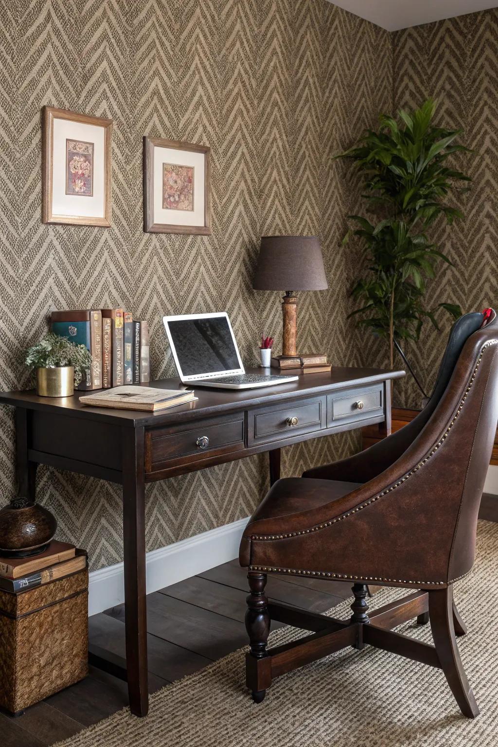 Tweed wallpaper introduces a sophisticated texture.