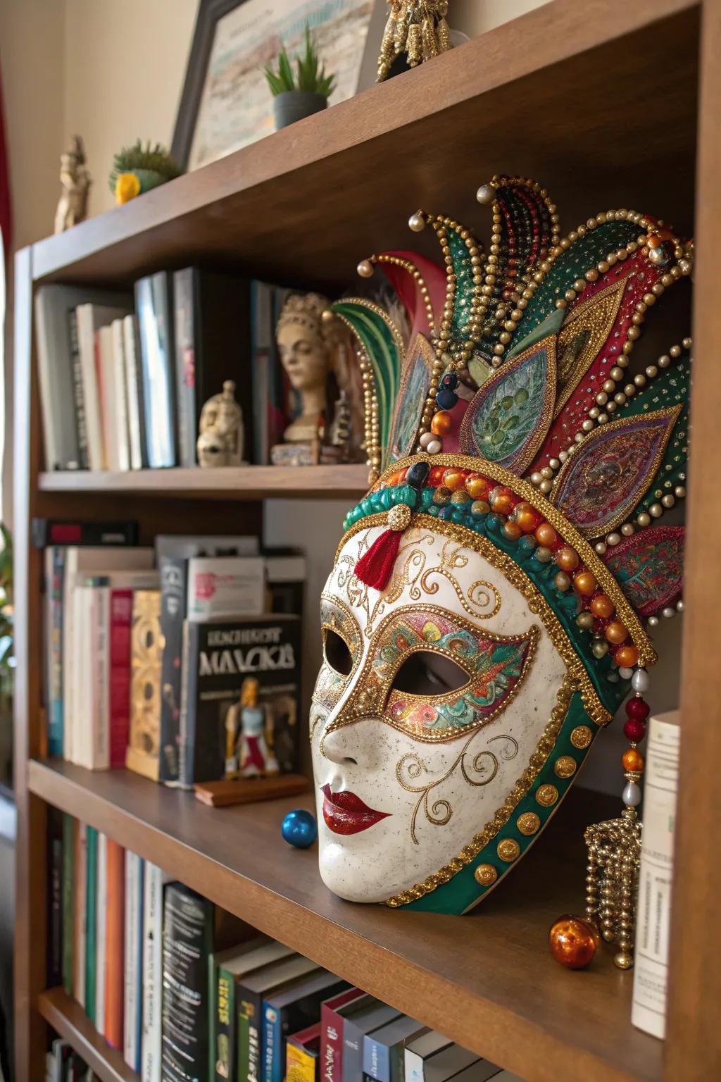 A mixed medium mask artwork brimming with depth and texture.
