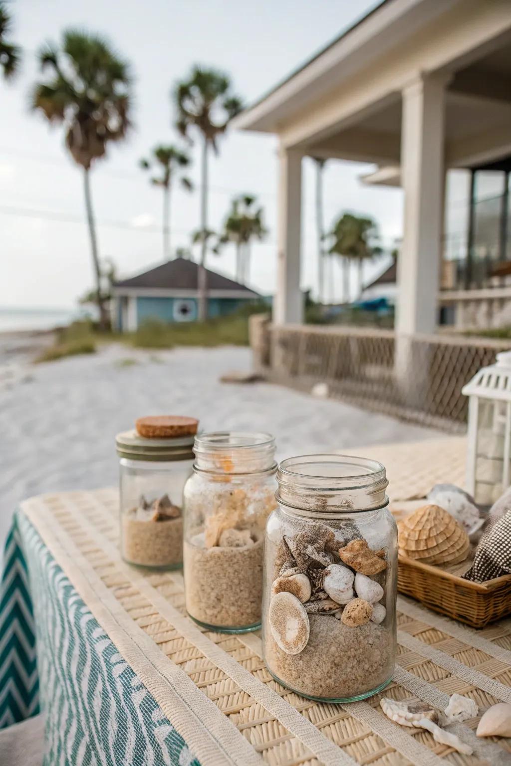 Beach-inspired mason jar centerpieces with sand and seashells.