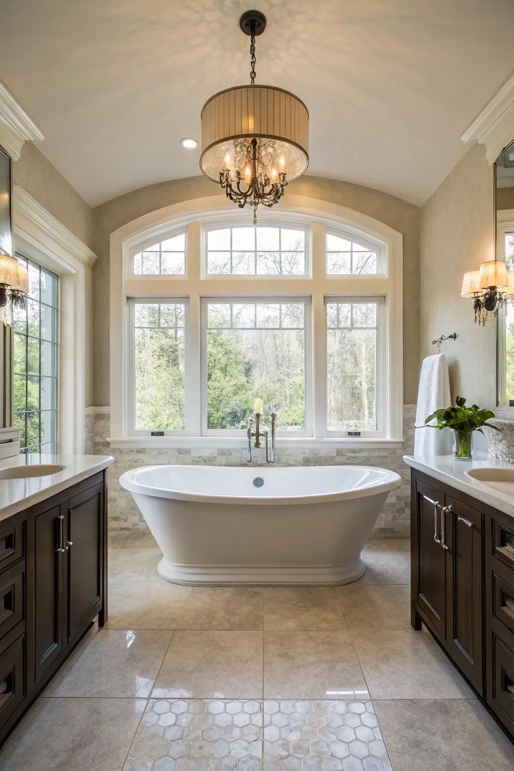 A freestanding tub acts as a stunning focal point in this elegant bathroom.