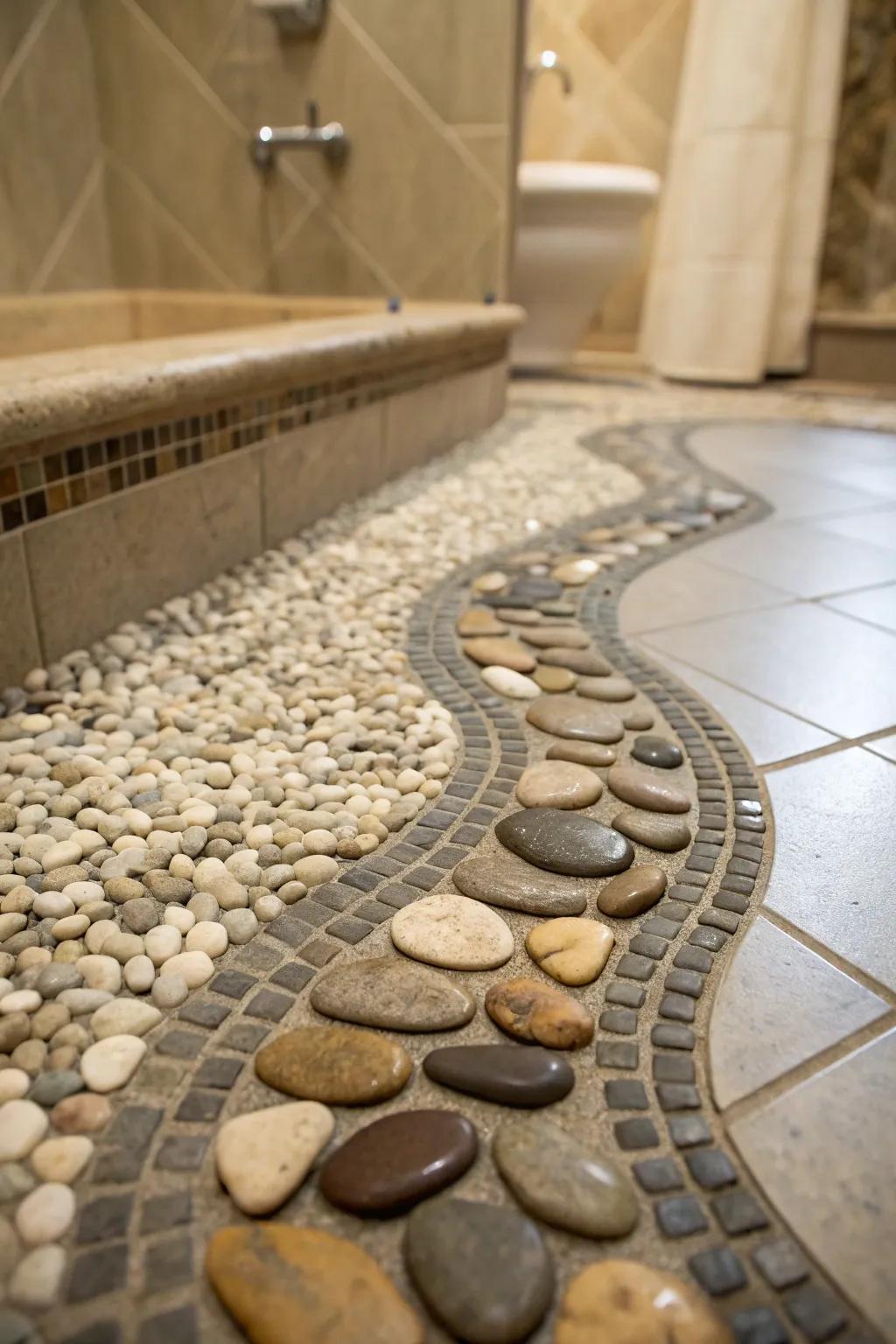 A shower base adorned with rock fragments pavers, sparking a natural, serene atmosphere.