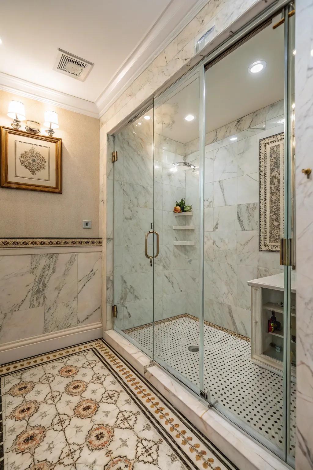 A walk-in shower showcasing elegant stone and tile craftsmanship.