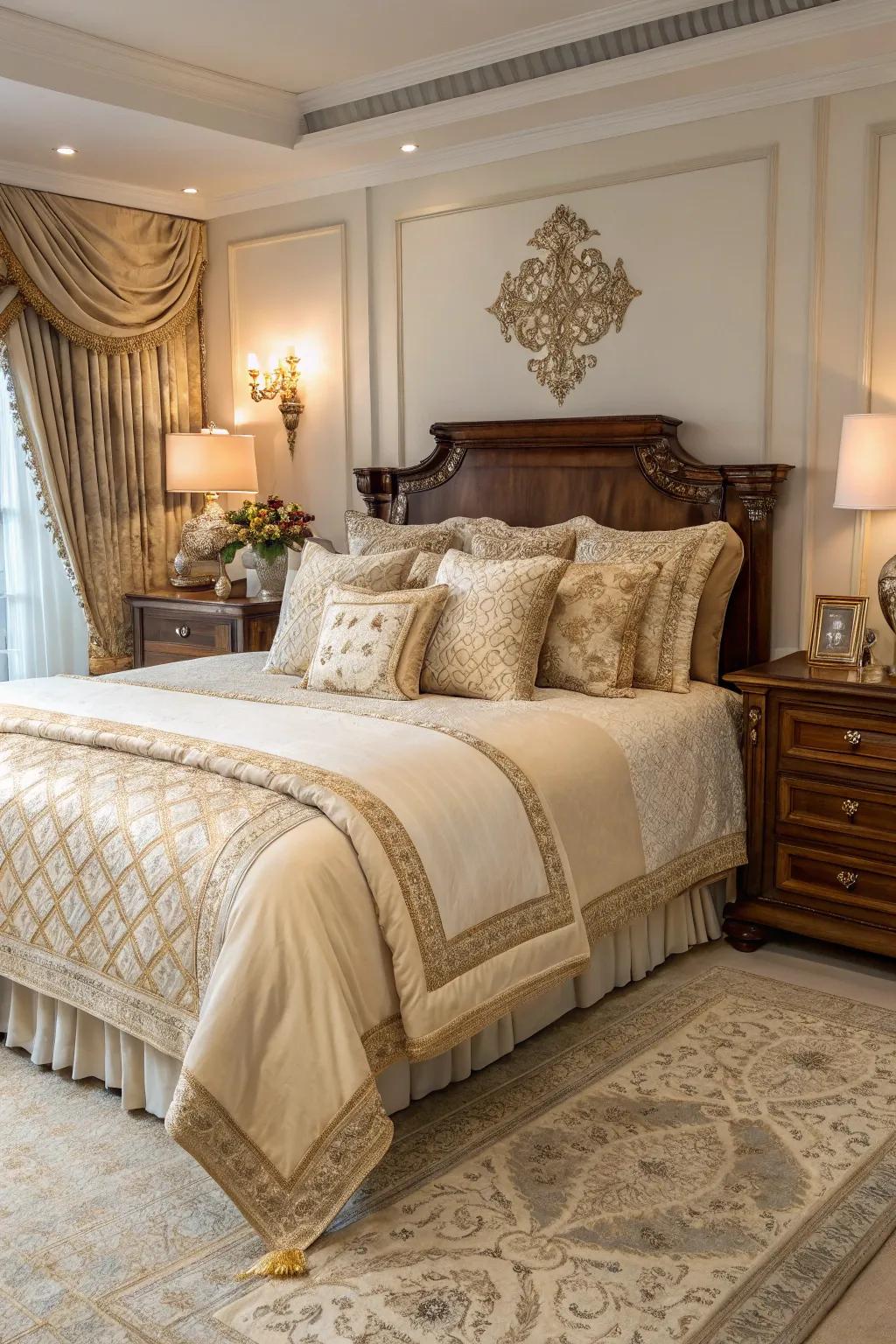 Layered fabrics in a master bedroom create a cozy and deluxe feel.
