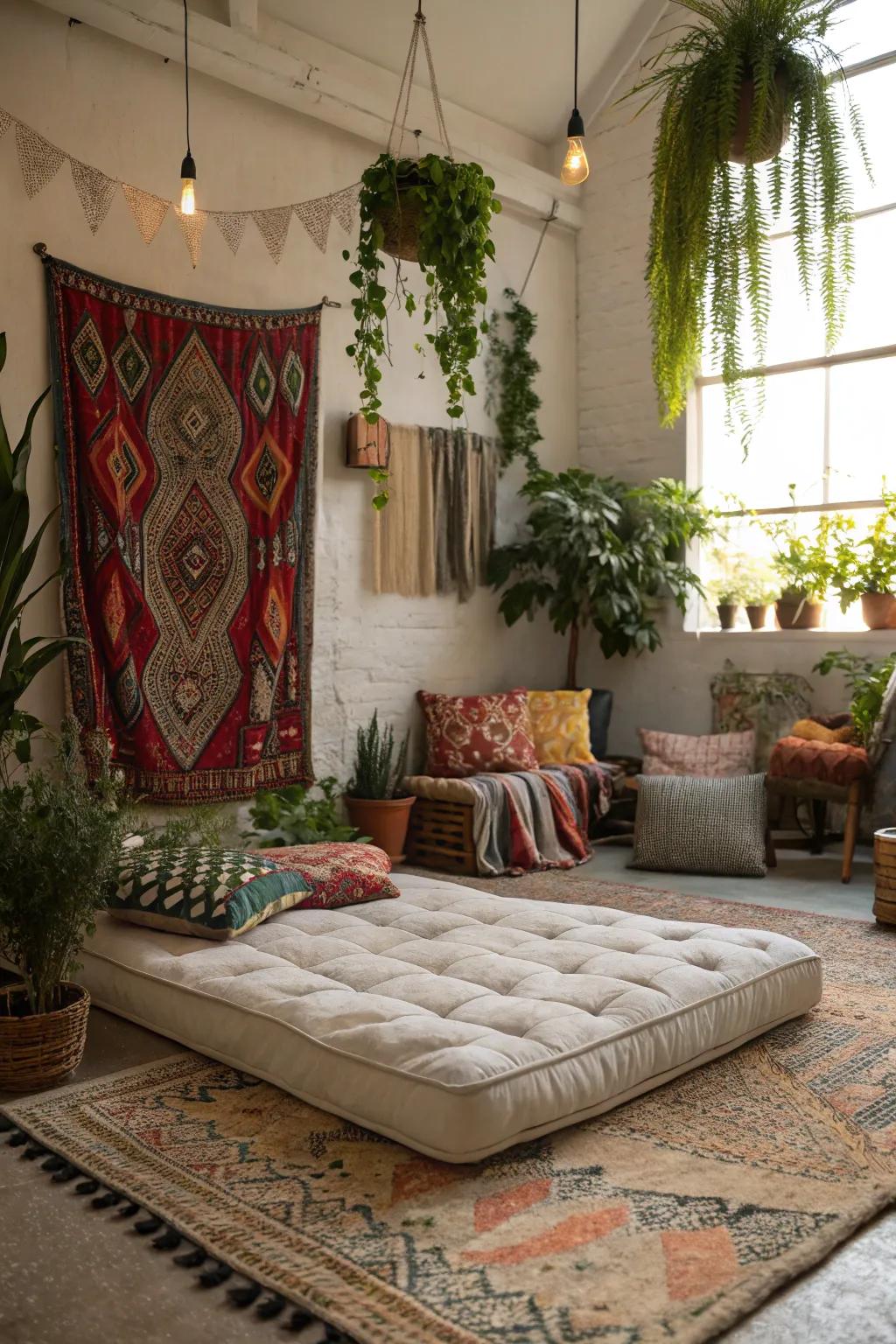 Go for free-spirited vibes with plants and strong fabrics.