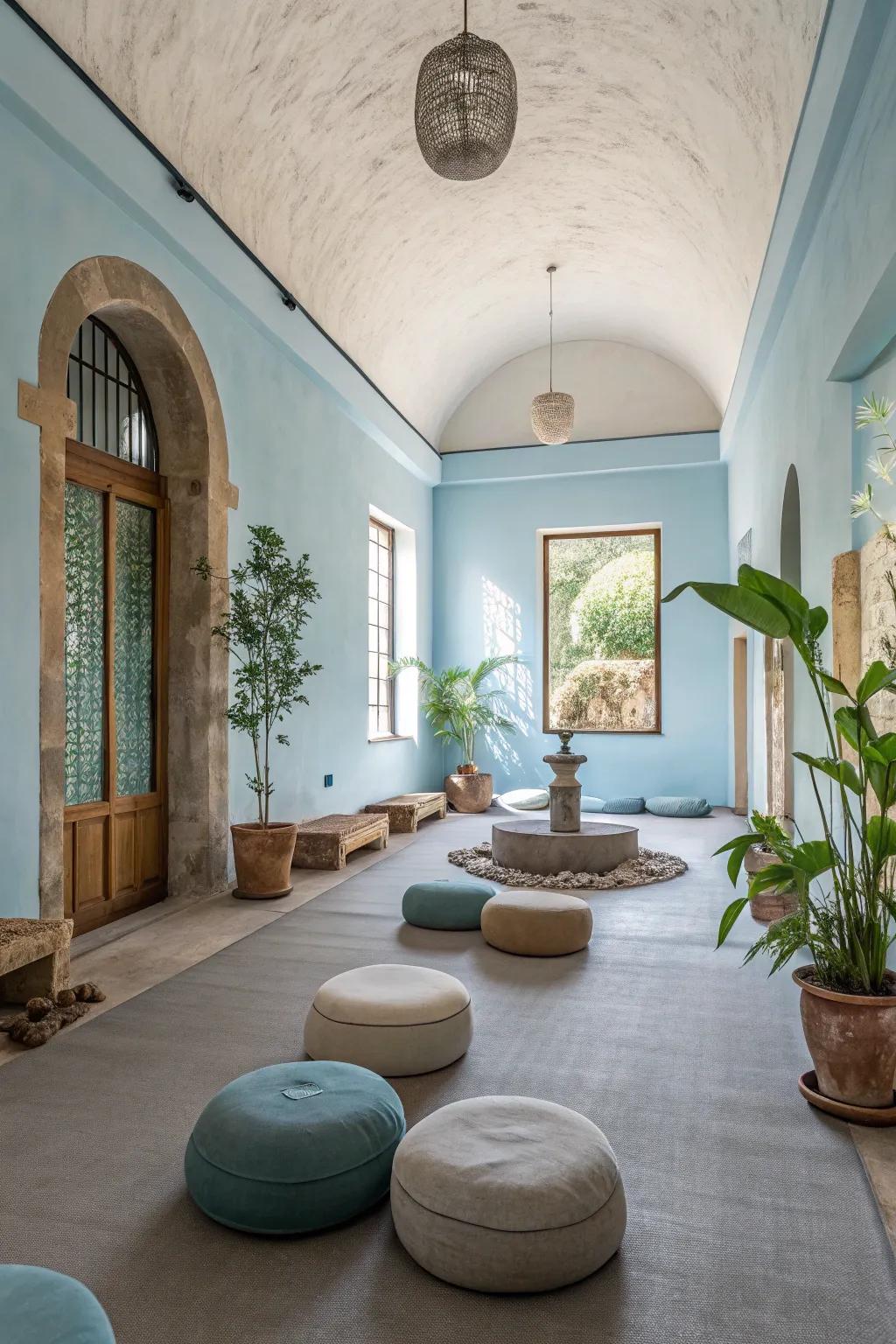 A meditation space featuring calming walls in hues of blue and earth tones.