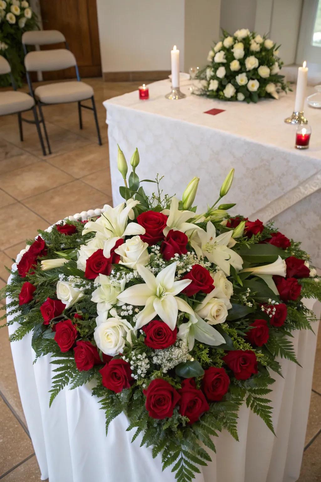 Floral displays enhance the display, adding loveliness and sentiment.