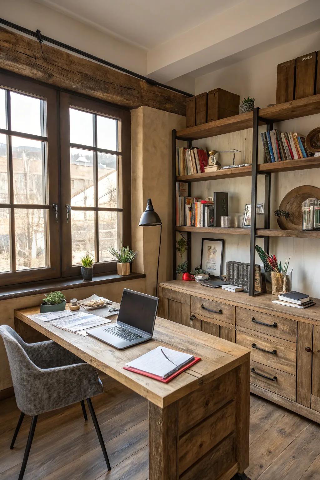 A reclaimed timber desk paired with matching shelves enhances the office with character.