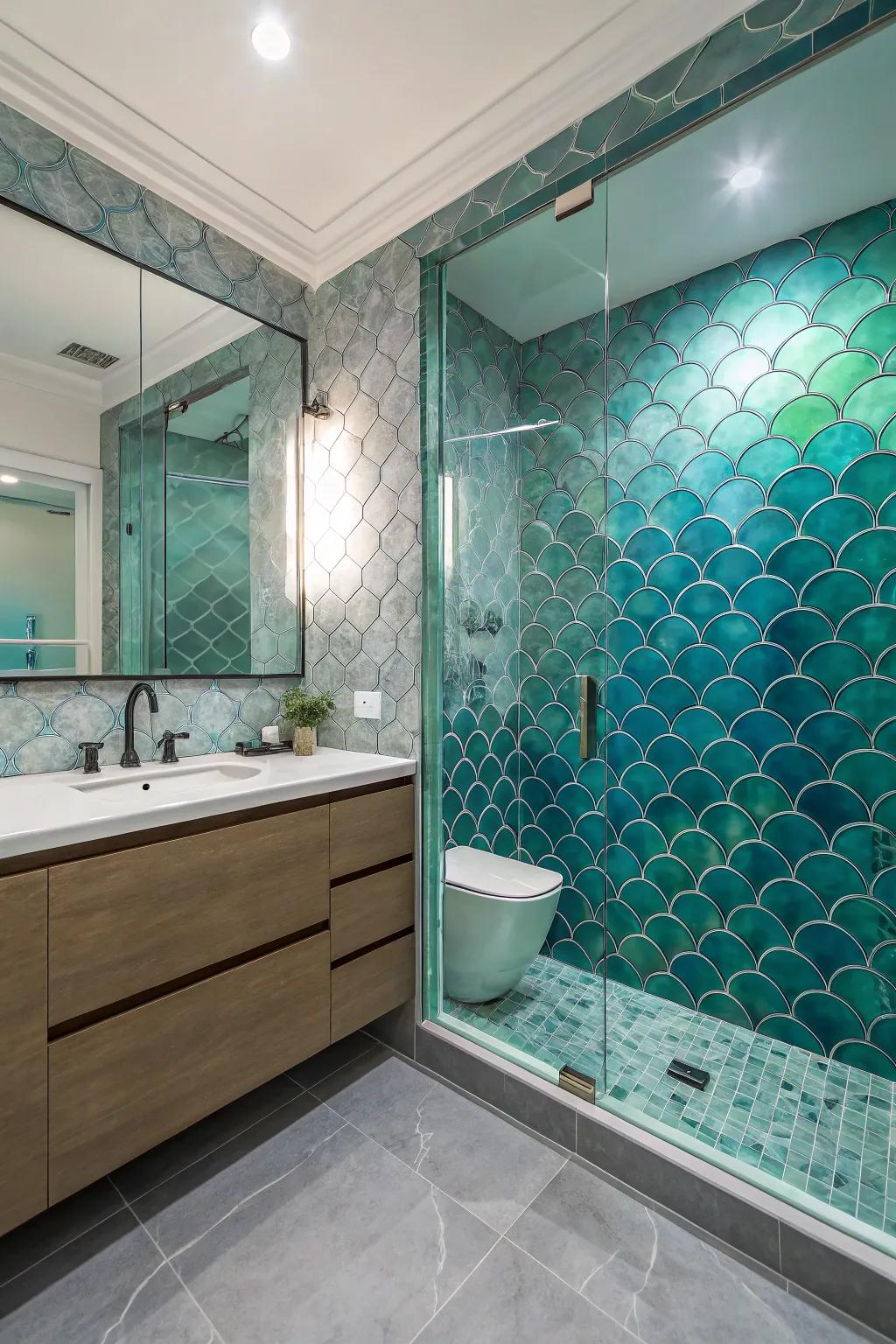 Mermaid scale tiles fashion a mesmerizing and lively wall design.