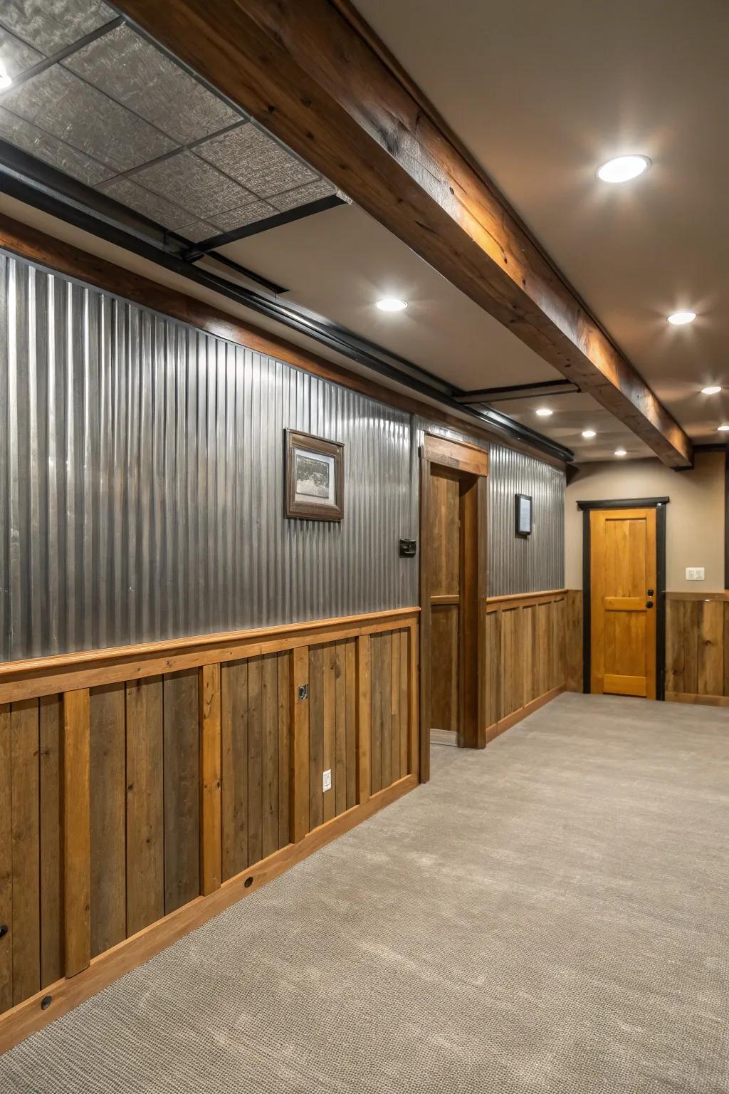 Build a contemporary and comfortable lower level through metallic wall paneling.