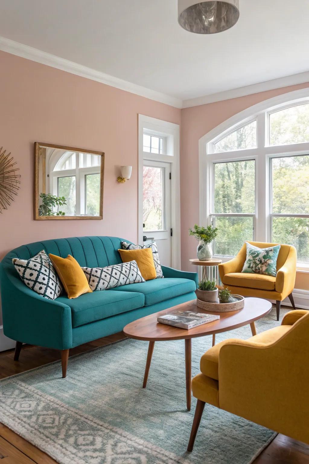 Bold color accents such as teal and mustard add vibrancy to this mid-century modern space.