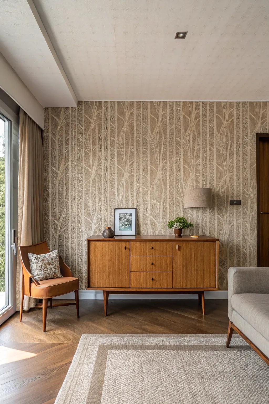 Room with neutral earthy-toned mid-century wallpaper.