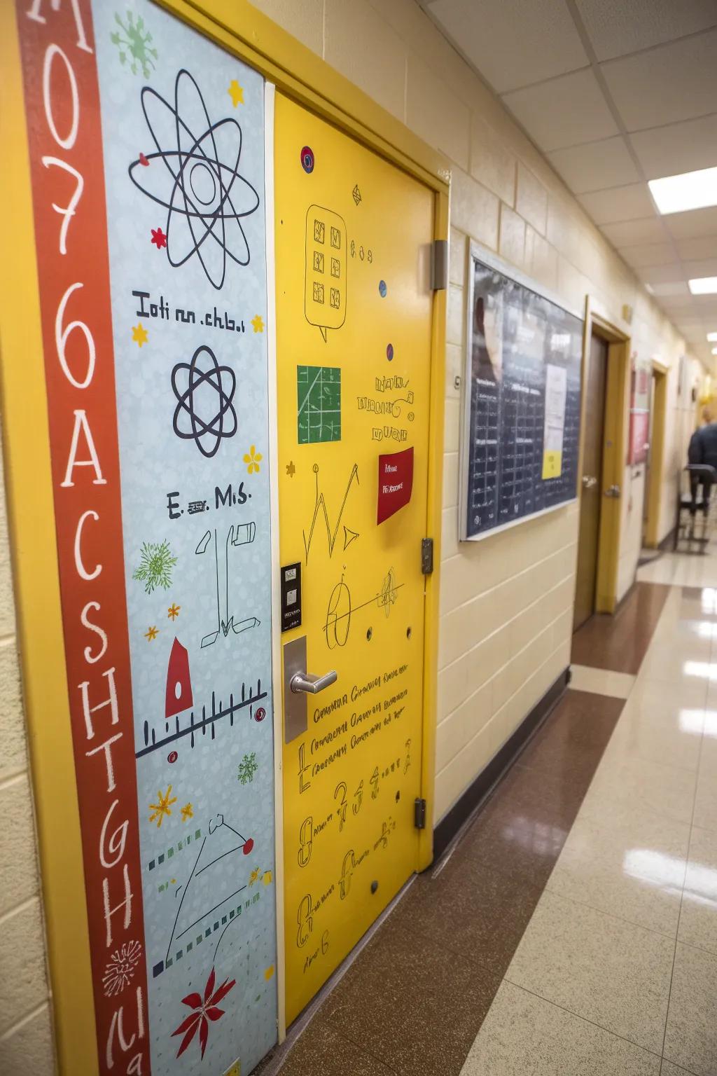 Educational themes like math and science elements creatively displayed on a classroom door.