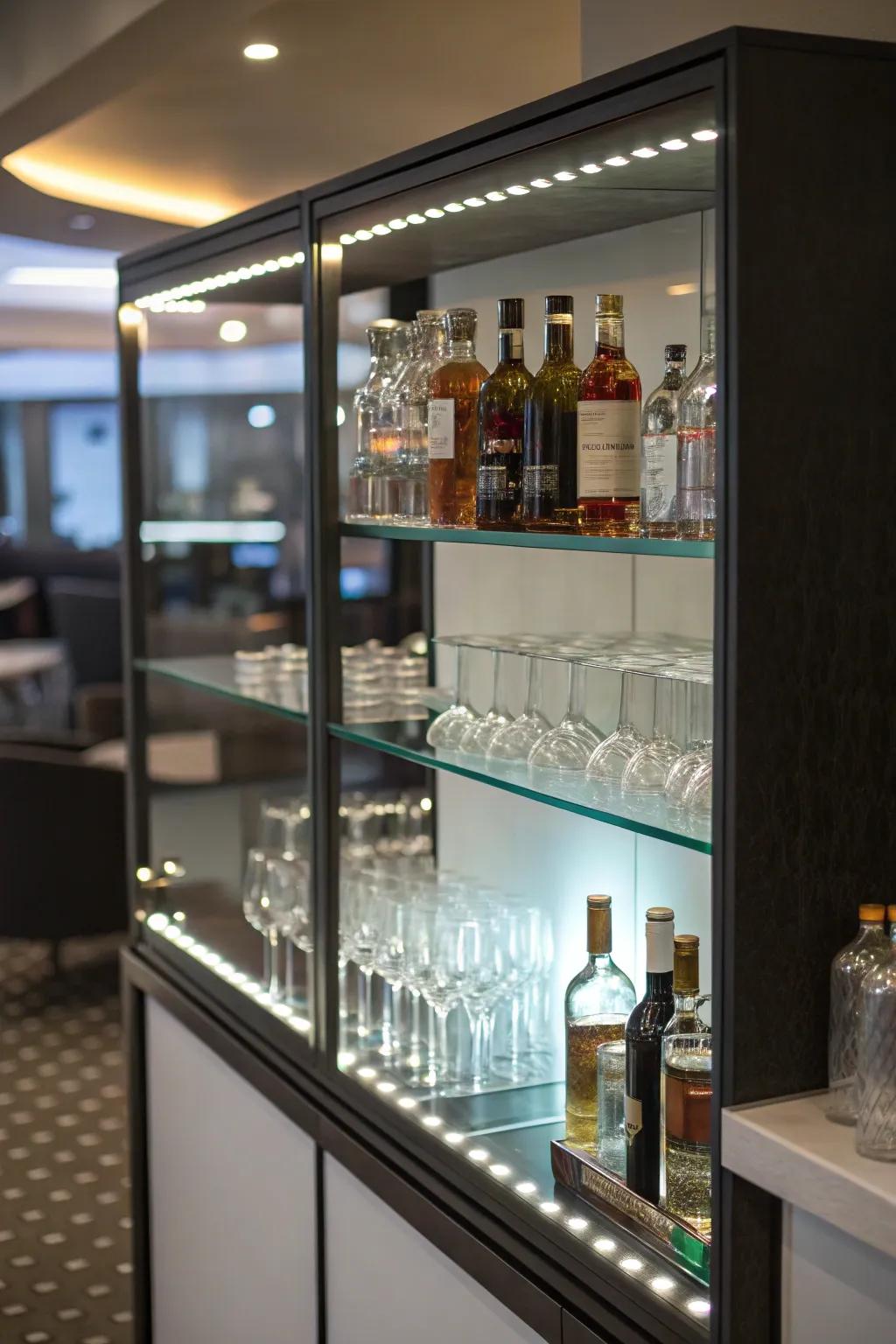 Under-shelf LED lights add a modern touch to the mini bar.