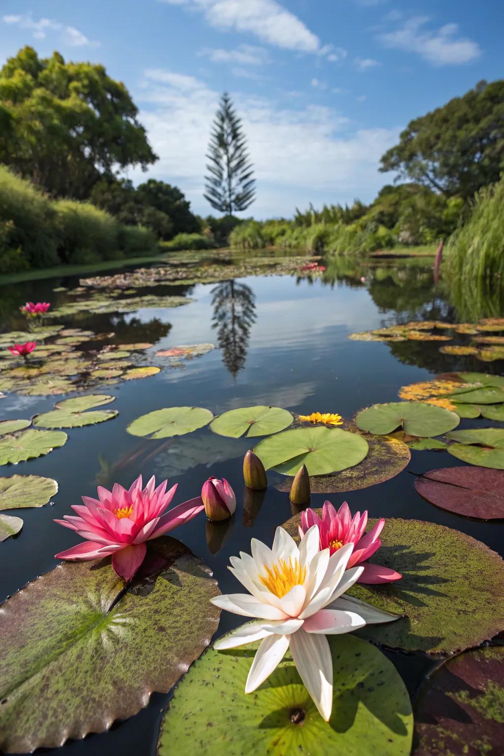 Bright water lilies bring a touch of class to any small pond.