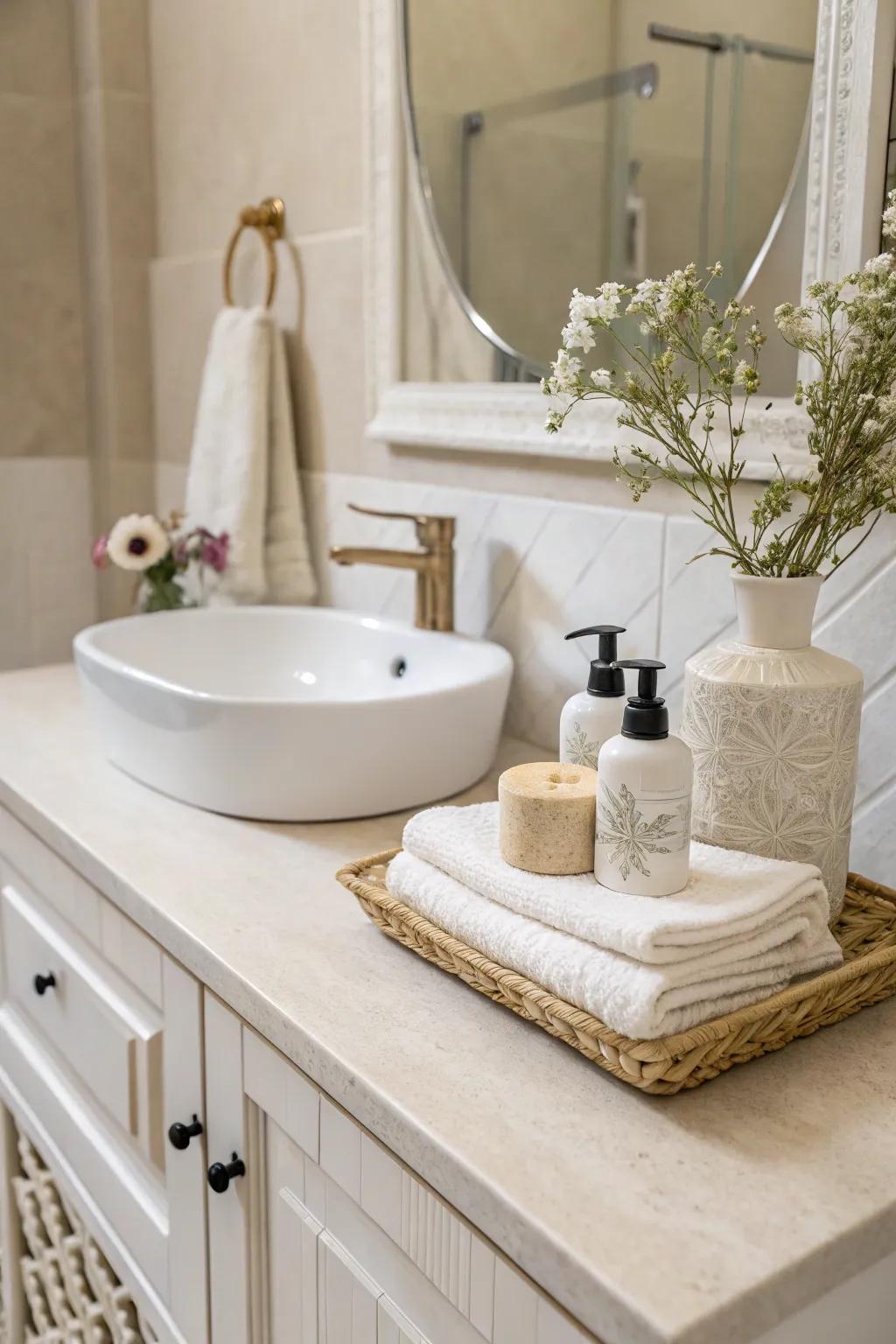 Subdued hues engender a soothing and unified bathroom ambiance.