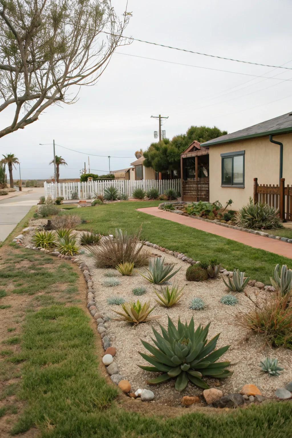 Minimalist planting featuring succulents and grasses maintains a serene environment.