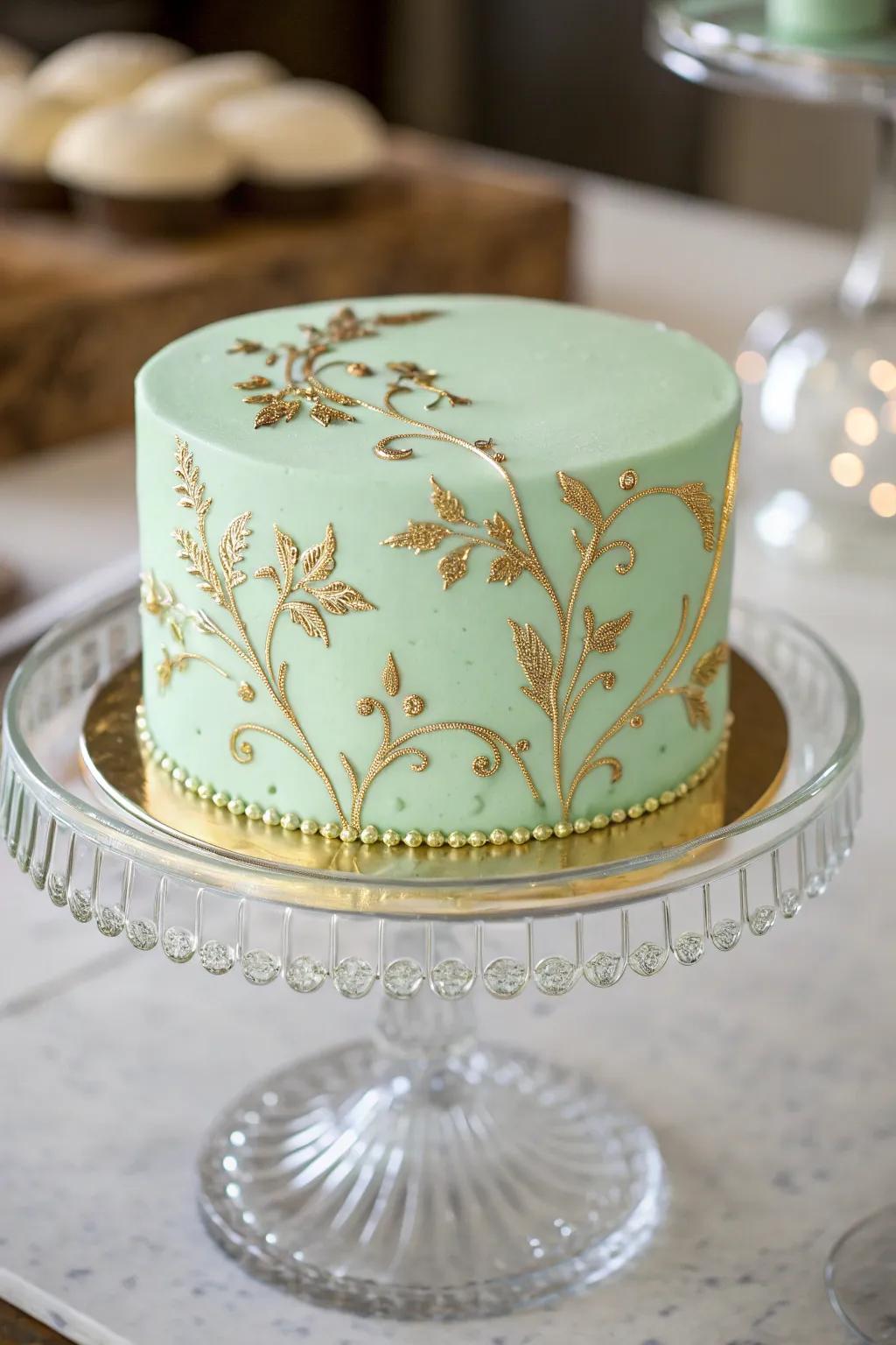A turquoise cake with opulent gold details.